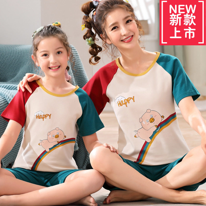 Parent-child dress mother and daughter cartoon cute girl pajamas summer short sleeves mom size homewear baby girl set