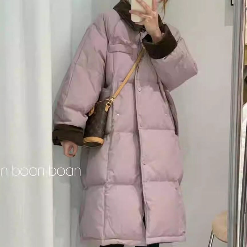 Corduroy Patchwork Lapel down Jacket for Women, Mid-Length, Korean Style, Loose and Thickened, 2025 Winter New Over-The-Knee Coat