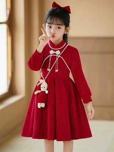 Осеннее ципао, детское платье, демисезонный осенний лонгслив, наряд маленькой принцессы, юбка, детская одежда, в западном стиле