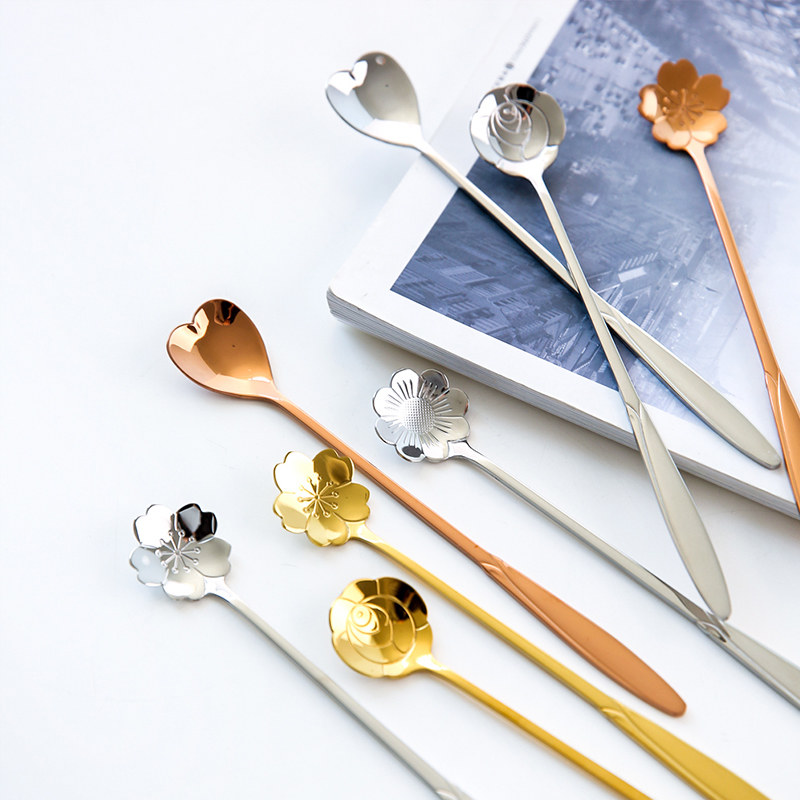 Small spoon Household fine coffee dessert petal mini ice cream spoon Cherry blossom tableware fork Stainless steel stirring