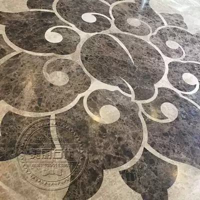 Hotel lobby floor parquet Lobby floor Dark brown mesh stone splicing Imported light brown mesh marble