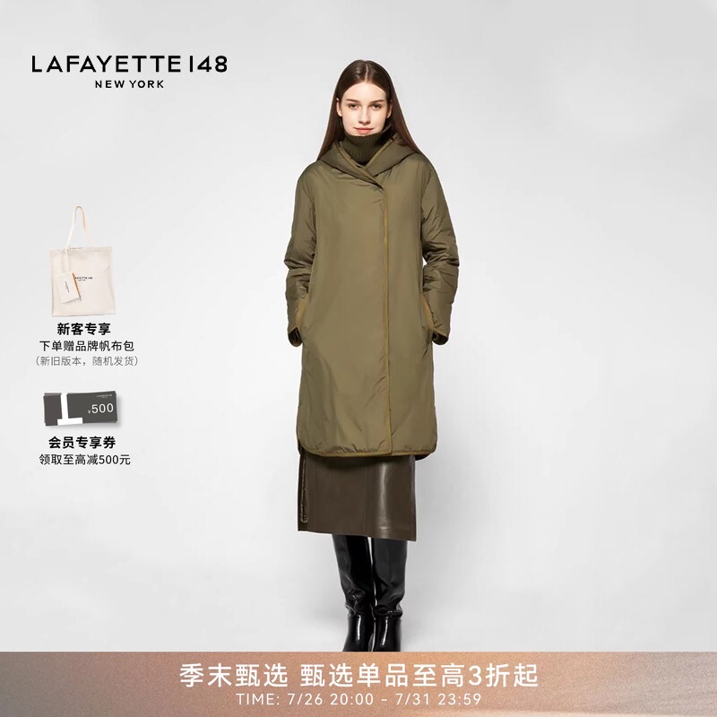 Lafayette148/Asymmetrical Hooded Mid-Length Goose down Coat with Hidden Buttons and Oversized Silhouette