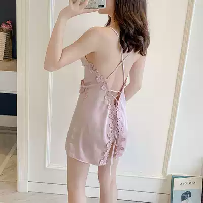 Sexy Ice Silk suspender nightgown silk skirt summer thin lace beauty back seduction silky silk pajamas women