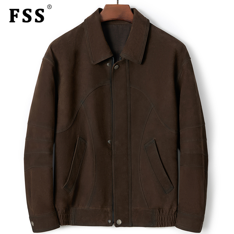 New Haining Genuine Leather Jacket for Men, Suede Sheepskin Casual Turn-Down Collar Loose Short Leather Jacket for Spring and Autumn