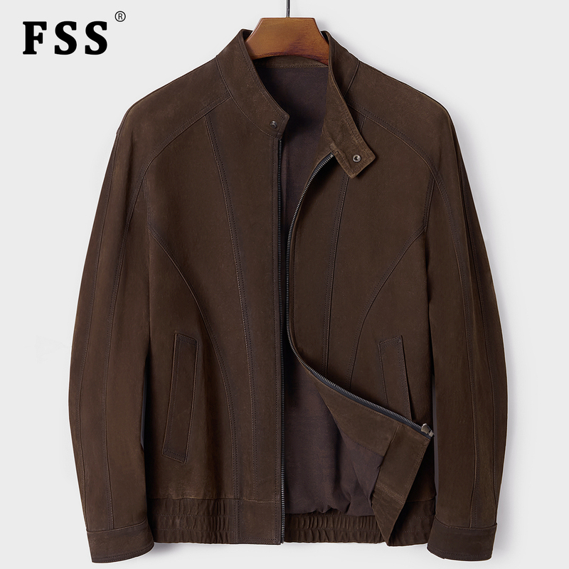 New Haining American-Style Retro Leather Jacket for Men, Genuine Imported Suede Sheepskin Jacket, Short Stand-Up Collar for Autumn