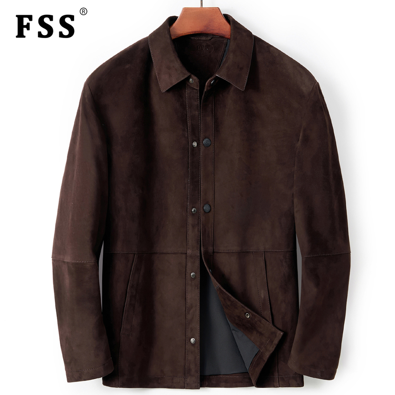New Haining Genuine Leather Jacket for Men, Suede Goat Leather Casual Lapel Shirt Style Genuine Leather Jacket, Spring and Autumn Coat
