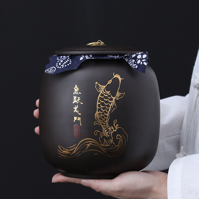 1 catty Purple Sand Tea Leaf Jar Ceramic Seal Tank Large Moisture Deposit Tea Jar Pu'er Tea Box Home Woke Tea Jar