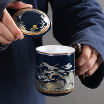Chinese style drinking cup ceramic tea water separation with cover filter office personal tea cup gift customization