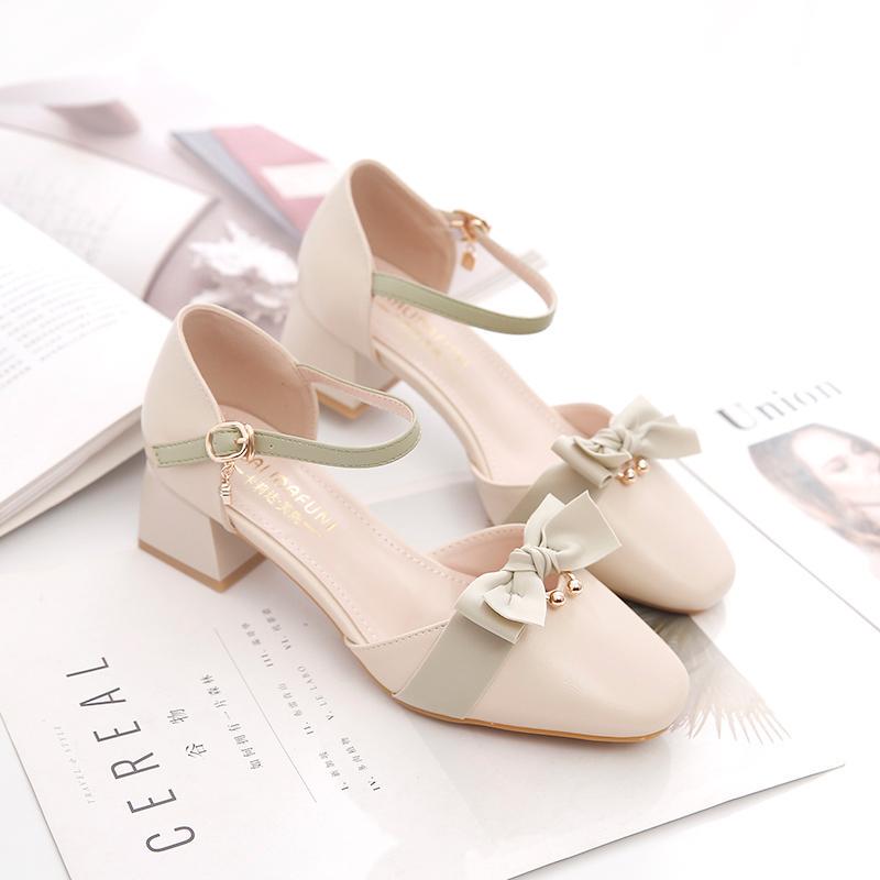 Special Offer Brand Shoes, Closed-Toe Sandals for Women, 2026 Summer New Style, Chanel-Inspired Bow, Chunky Heel, Mid-Heel, Square Toe High Heels