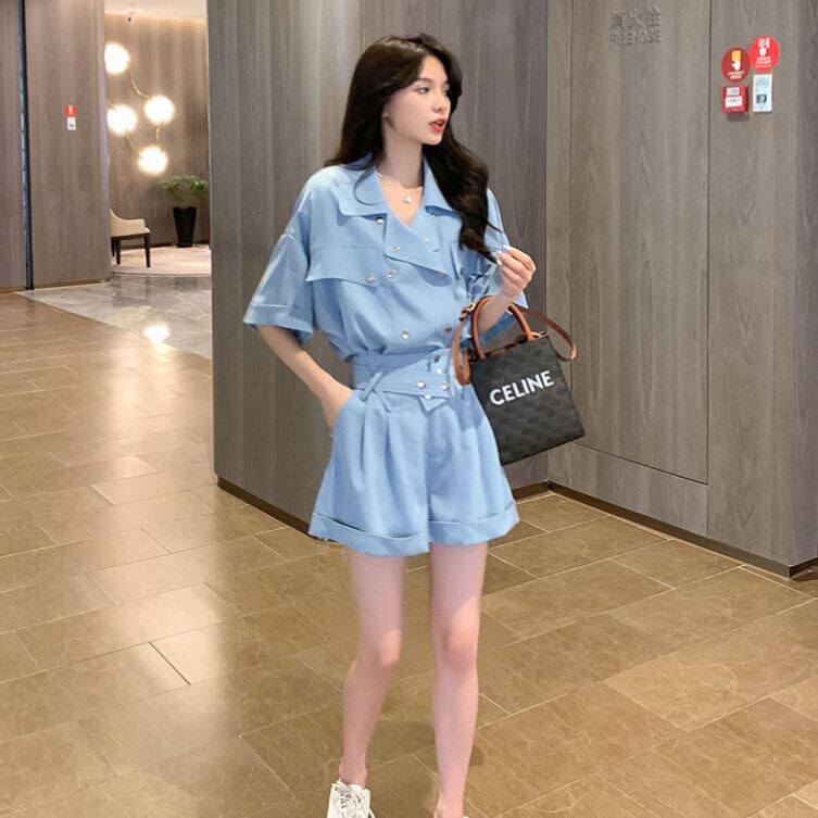 Sweet and spicy summer suit design sense small temperament shirt two-piece female 2021 casual wide leg shorts