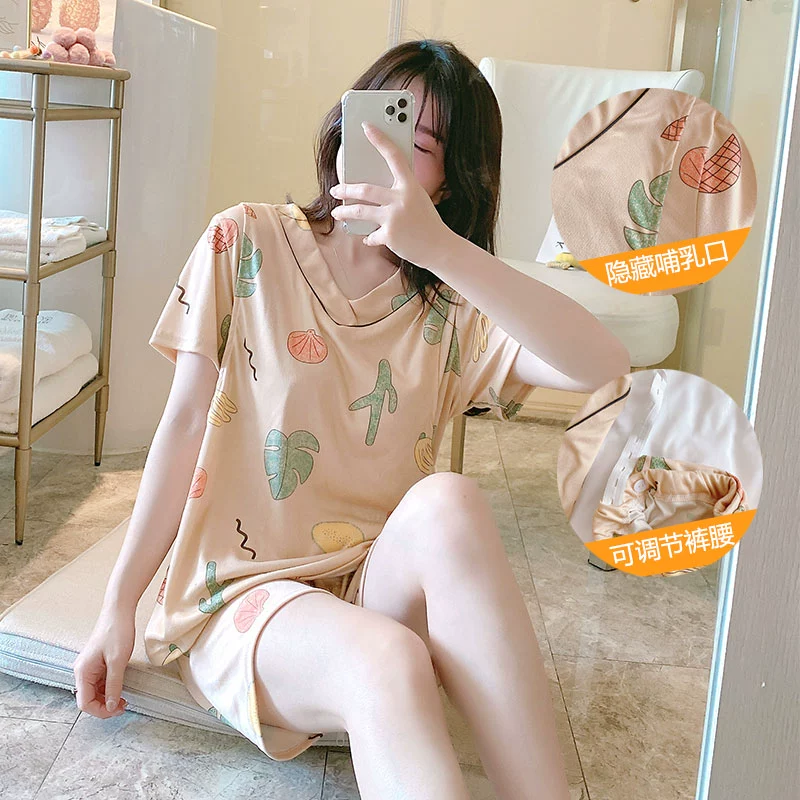 Quần áo giam giữ thai sản quần đùi ngắn tay T-shirt đồ ngủ của phụ nữ sau sinh đồ ngủ mùa xuân và mùa thu cho con bú quần áo tại nhà mùa hè mỏng - Giải trí mặc / Mum mặc