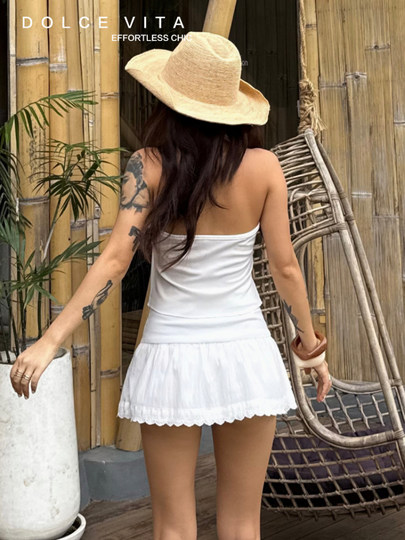 DOLCEVITA French lace white skirt high-waisted slim A-line skirt short skirt with safety pants summer