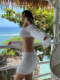 DOLCEVITA beach vacation lace-up long-sleeved hollow white sexy hip-hugging short skirt knitted blouse suit for women