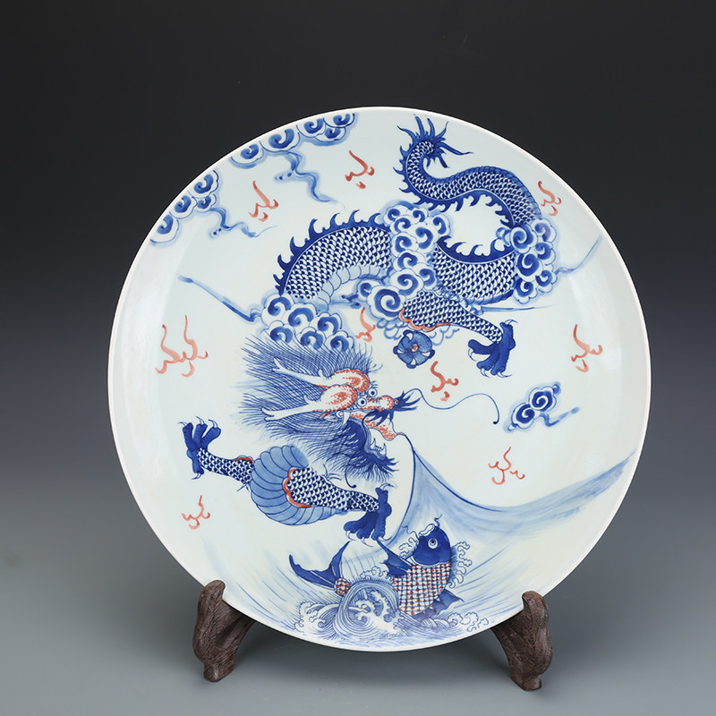 中国骨董/ つぶやく 「紅彩蝙蝠紋青花龍紋盤」大清康熙年製