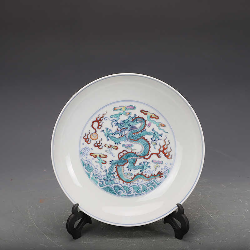 中国古玩 大明成化年製 皿5枚 龍文 木箱 陶器 古美術 骨董品 約13.5×24 