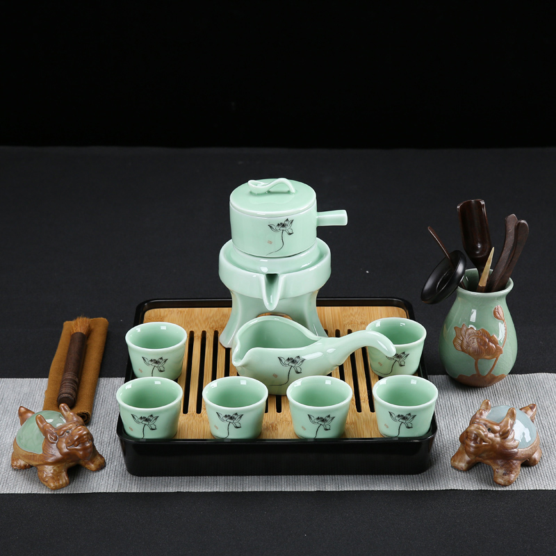 Household celadon stone mill semiautomatic make tea tea set suits for Chinese creative lazy contracted tea tray tea pet accessories