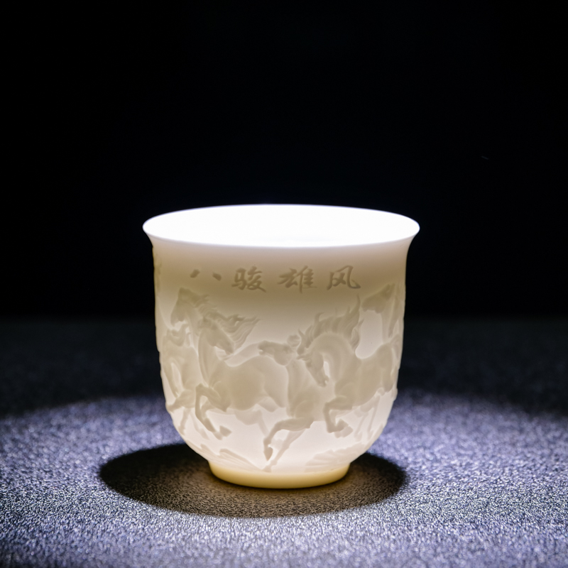Dehua suet jade white porcelain tea cups biscuit firing embossment master single cup cup bowl large ceramic kung fu tea set