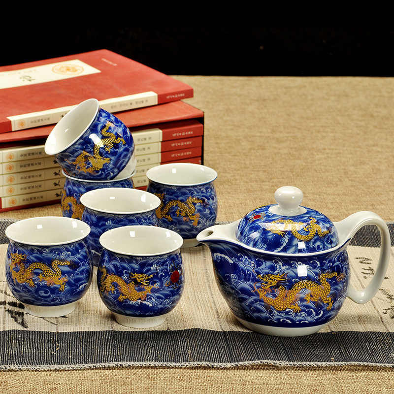 Fujian macros tea set ceramic prevent hot double CPU kung fu tea cup Chinese blue and white porcelain teapot household contracted