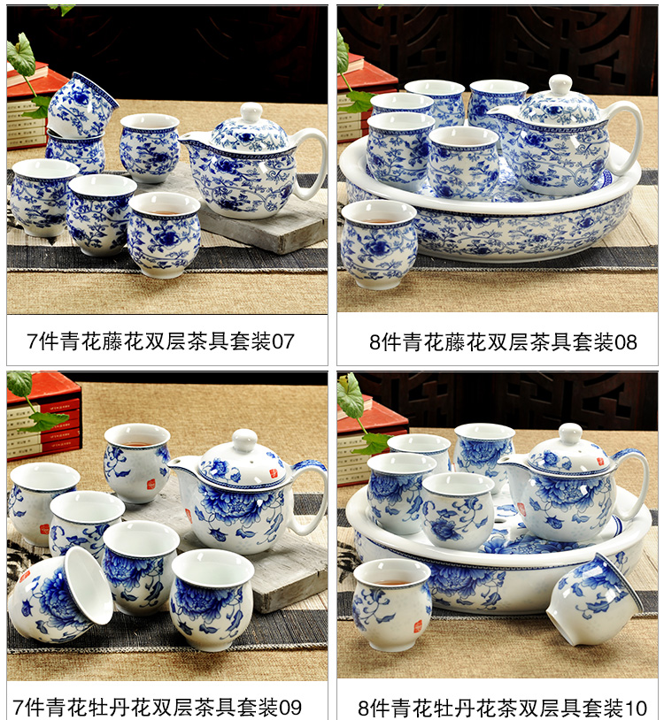 Fujian macros tea set ceramic prevent hot double CPU kung fu tea cup Chinese blue and white porcelain teapot household contracted