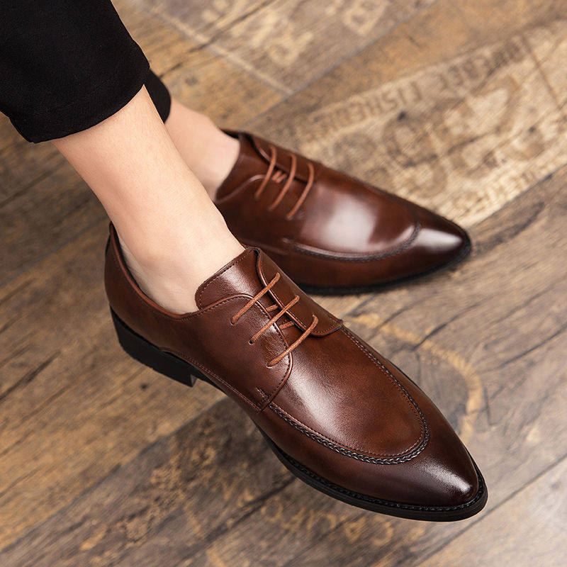 Summer Men's Breathable Business Casual Leather Shoes Men's Genuine Leather Korean Version Pointed Toe Soft Surface Leather British Formal Dress Heightening Men's Shoes