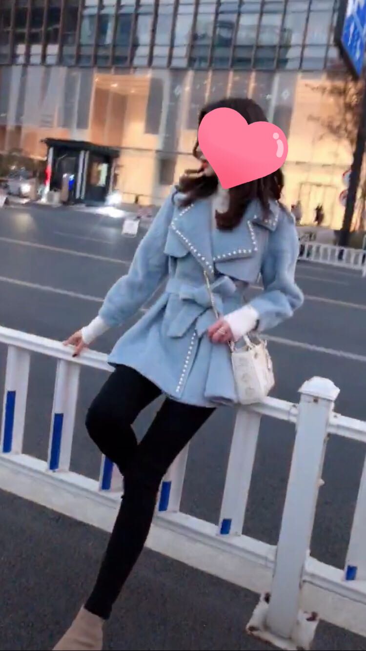 Mùa thu và mùa đông quý cô ngọt ngào Quạt xanh ngọc trai áo len ve áo ngọt ngào thắt lưng eo chic chic phần ngắn áo phao nữ hàn quốc