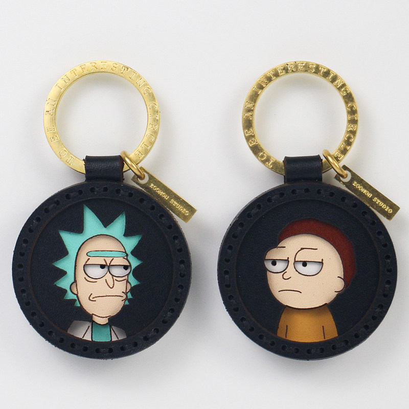 Handmade leather custom car keychain couple pendant pair of Rick Morty creative gift lettering pendant