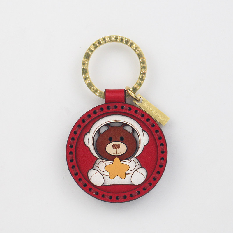 Real Leather Handmade Little Bear Original Cartoon Key Buckle Custom Lettering Gift Astronaut Creative Little Crowdcar Pendant
