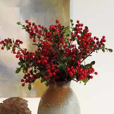 Red berry simulation flower fortune fruit Ono fruit with leaves simulation branch Chinese flower arrangement single branch decorative flower fake flower
