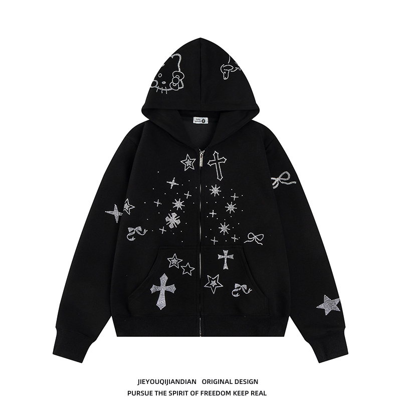American Retro Cross-Stitched Rhinestone Cat Hooded Sweatshirt for Men and Women, Autumn Short Casual Loose Cardigan Jacket Trendy American Retro Cross-Stitched Rhinestone Cat Hooded Sweatshirt for Men and Women, Autumn Short Casual Loose Cardigan Jacket Trendy