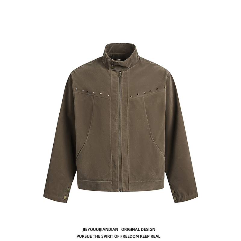 American Retro Solid Color Harrington Studded Single-Sided Fleece Jacket for Men and Women, Spring and Autumn Short Wide Boxy Barn Style Coat Trendy American Retro Solid Color Harrington Studded Single-Sided Fleece Jacket for Men and Women, Spring and Autumn Short Wide Boxy Barn Style Coat Trendy