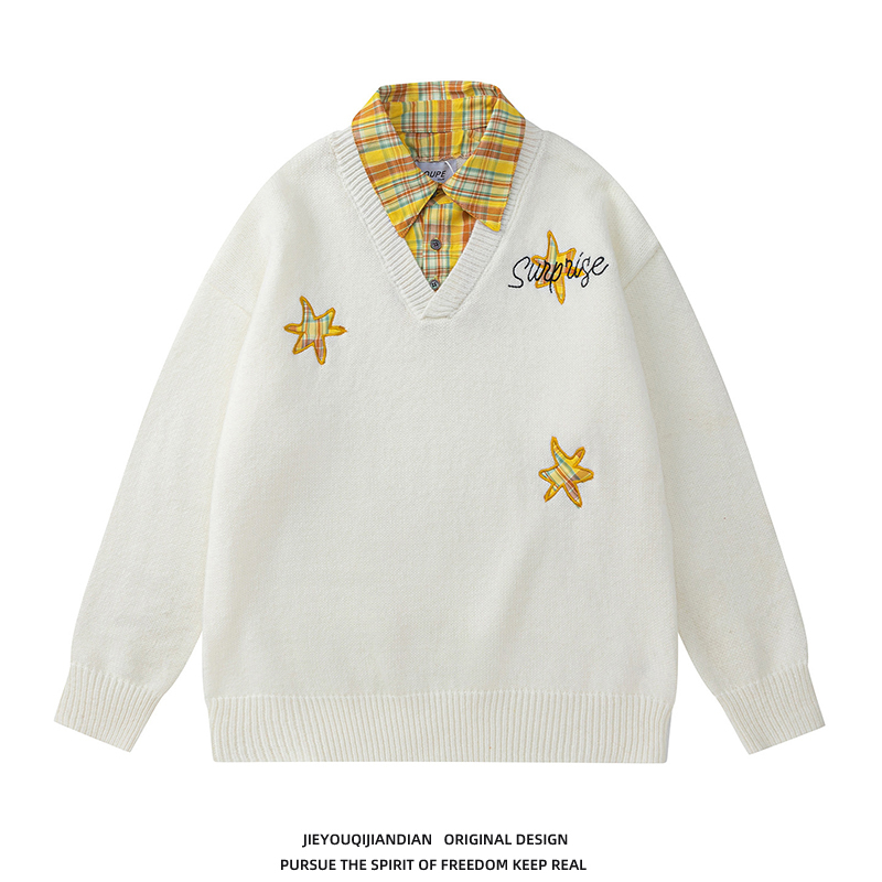 Retro Plaid Patchwork Fake Two-Piece Letter and Star Embroidery Sweater for Men and Women, Autumn and Winter Bf Style Loose Couple Knitwear