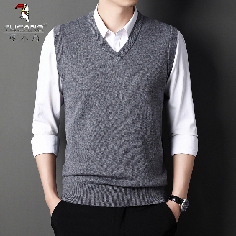 Woodpecker Autumn and Winter Thickened All-Wool Vest for Middle-Aged and Elderly Men, Casual Solid Color V-Neck Knitted Sweater Vest