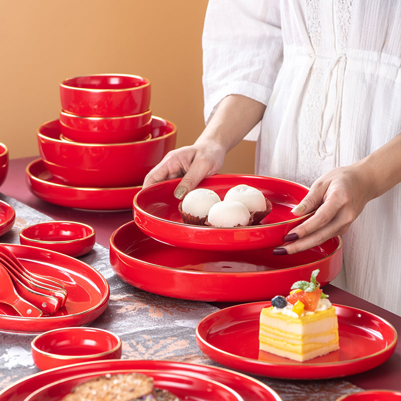 Bowl meal home a single Chinese wind red up phnom penh rice Bowl dish soup Bowl ceramic tableware Chinese style combination