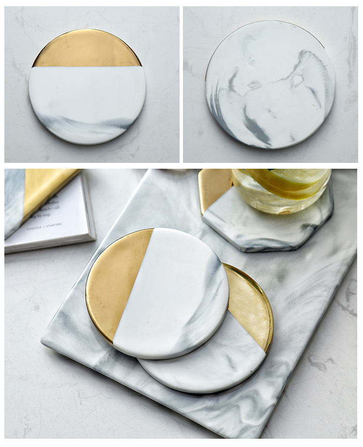 Nordic ins, marble, ceramic cup pad insulation pad gilded edge coasters kung fu tea cup props shooting