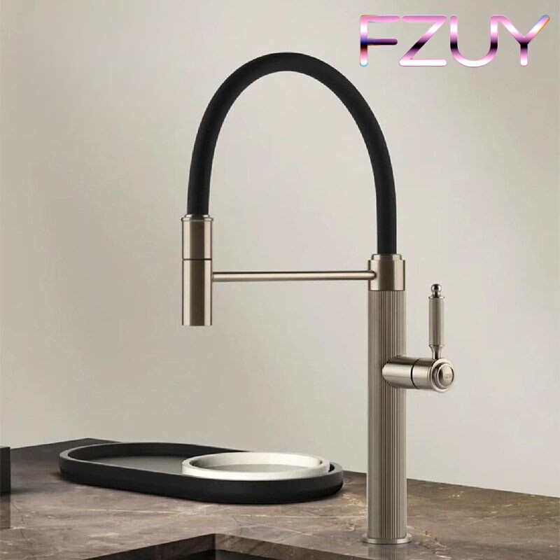 German Fzuy Brushed Nickel Minimalist All-Copper Island Kitchen Hot and Cold Rotating Swivel Pull-Out Faucet for Balcony Sink