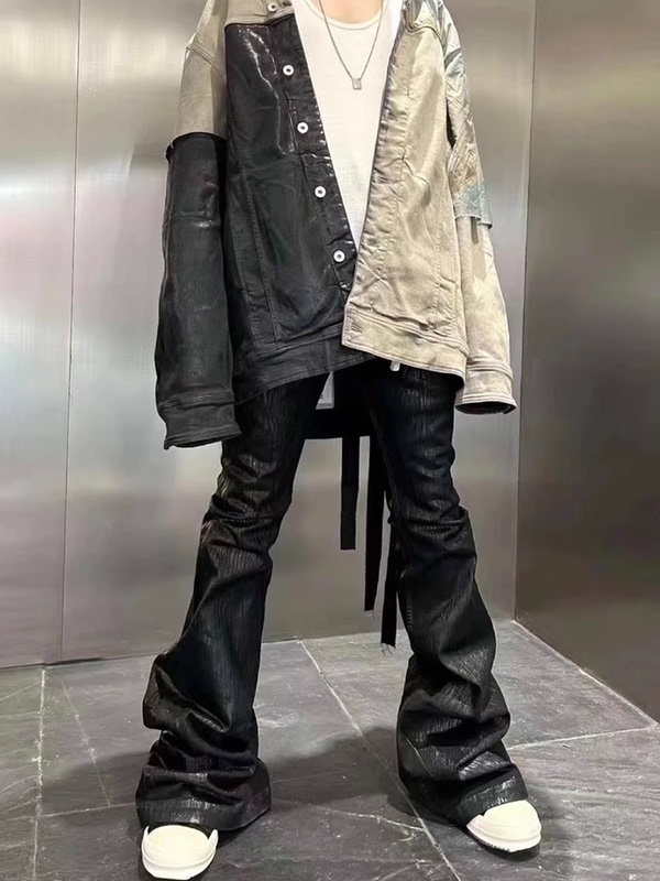Ro Style American Niche Dark Wax-Coated Pure Black High-Stretch Ribbon Jeans Wide-Leg Flared Pants for Men