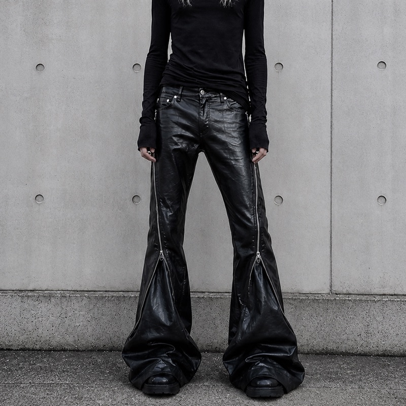 Ro Style Multi-Line Trendy Brand Dark Large Zipper Loose Casual Straight-Leg Flared Layered Coated Denim Pants