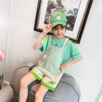 Girls Strap Pants Set 2021 Summer New Korean version of the childrens net red two-piece set childrens short sleeve set tide