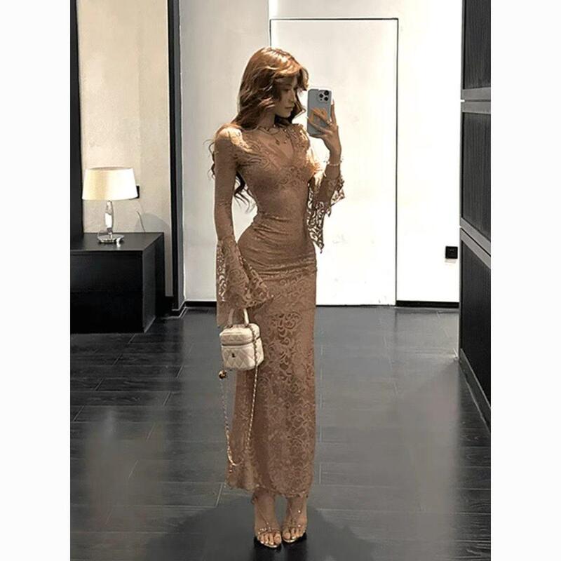 White V-Neck Long-Sleeve Dress for Women, Spring and Autumn Lace Hollow-Out Dress, Mature and Elegant, Tight-Fitting Bodycon Sexy Long Dress