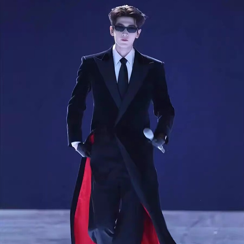 [in Stock] Zhang Linghe's Same Style Black and Red Long Trench Coat for Men with Shoulder Pads, Waist-Cinching Suit Jacket, Slim-Fit Overcoat