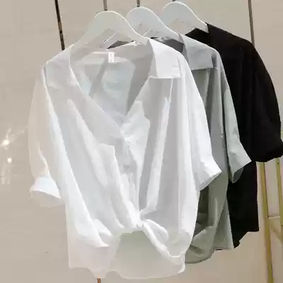 South Korea 2021V collar short sleeve shirt women's summer new Korean version of design sense niche loose thin knotted shirt