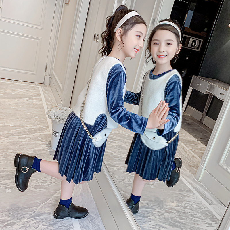 Girl Dress Dress Spring Autumn 2021 New Children Princess Dress Suit Dress Gold Velvet Little Girl Spring Autumn Clothes