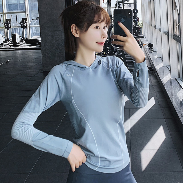 Outer wear training clothes sports tops women's loose long-sleeved yoga fitness clothes running cover-up hooded T-shirt autumn and winter