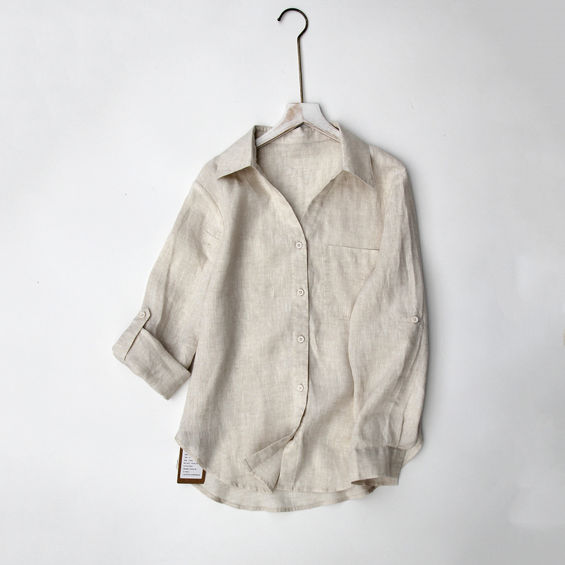 Workwear Minimalist Style Linen Shirt for Women, Long-Sleeved, Turn-Down Collar, Deep V-Neck, Loose, Mid-Length, Commuter Casual, Stylish Top
