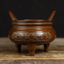 Copper three-legged lotus incense burner household three-legged two-ear tripod living room indoor incense burner sandalwood burner plate incense burner line incense burner copper