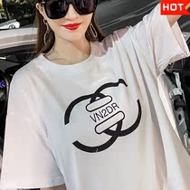 The United States and Europe brother Fei T-shirt womens short-sleeved medium-length design niche 2021 summer new printed cotton top