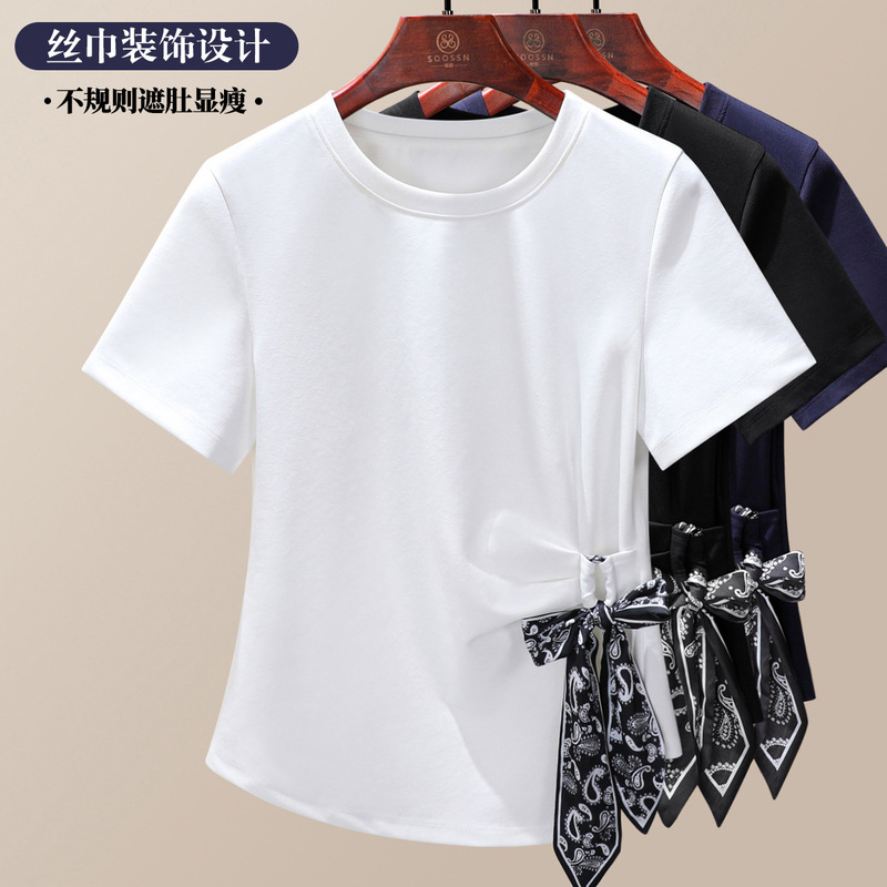French-Style Petite Top with Silk Scarf Tie, 2026 Summer Versatile Regular Shoulder High-End Pure Cotton Short-Sleeve T-Shirt for Women