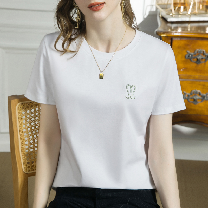 High-End Brand Mercerized Cotton Short-Sleeved T-Shirt for Women, Summer 2026 New Slim-Fit Embroidered Versatile Pure Cotton Half-Sleeve Top