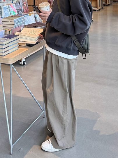 韩国Uamtor男卫裤秋冬2025新款纯色打褶休闲裤卡其宽松简约百搭裤