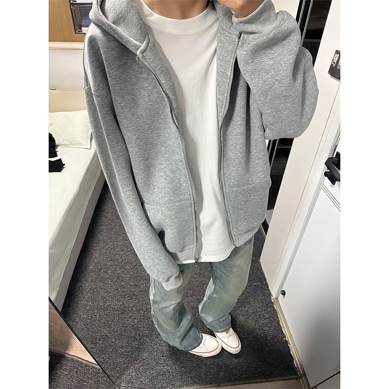 Korean Uamtor Gray Heavyweight Double-Zip Cardigan Sweatshirt Men's Autumn American-Style Hoodie High-End Jacket
